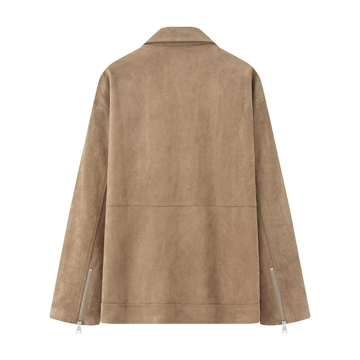 Women's long oversized biker jacket in velour look with diagonal zipper and multiple pockets Mune Fashion