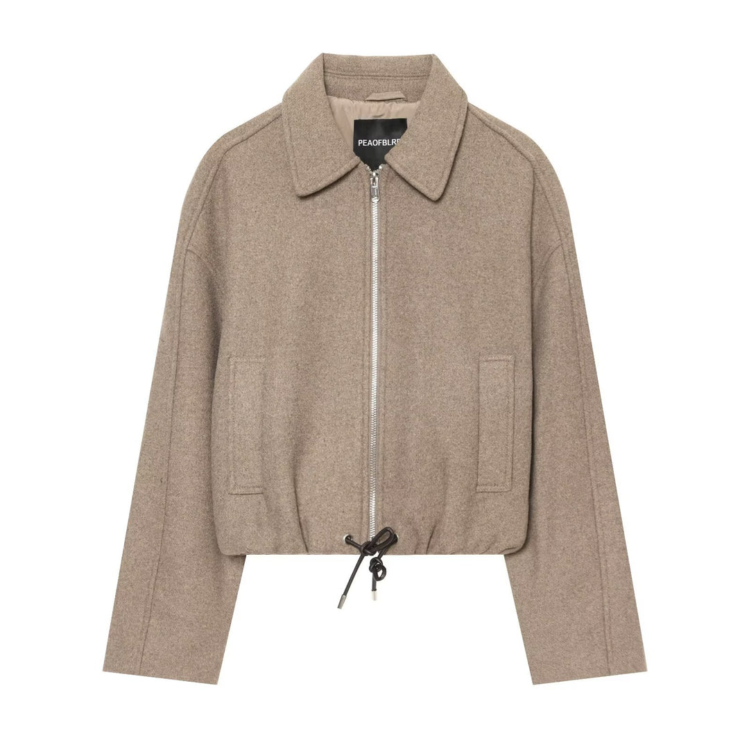 Women's short wool blend jacket with front zipper and drawstring hem Mune Fashion