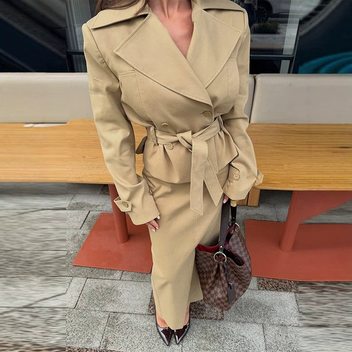 Women Tailored Trench Set with Peplum, Tied Belt & Pencil Skirt Mune Fashion