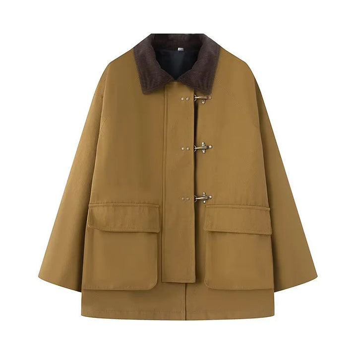 Women's oversized cape coat with corduroy collar, toggle closures, and large patch flap pockets Mune Fashion