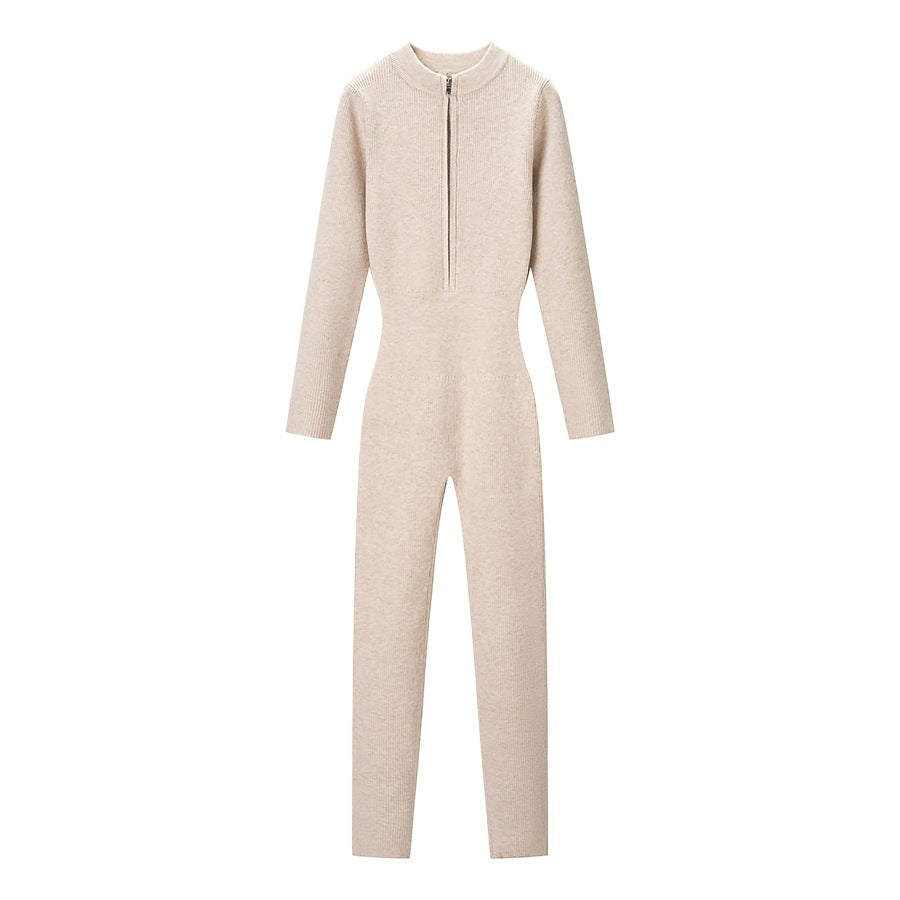 Women's Fitted Rib Knit Jumpsuit with Stand-Up Collar and Front Zip Mune Fashion