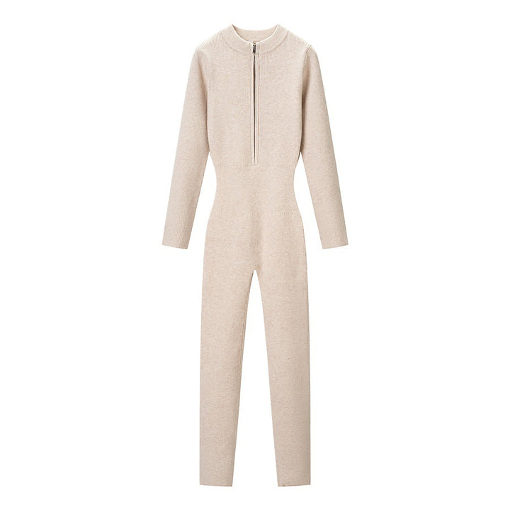 Women's Fitted Rib Knit Jumpsuit with Stand-Up Collar and Front Zip Mune Fashion