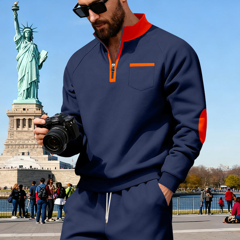 Men's Fleece Quarterzip Pullover with Chest Pocket and Elbow Patches Mune Fashion