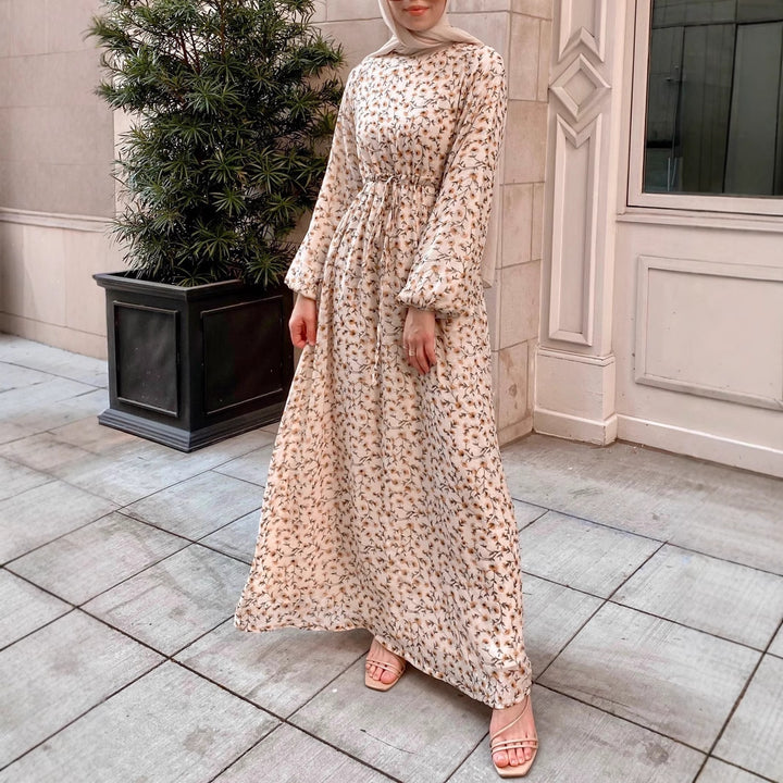Women Floral Maxi Dress with Drawstring Waist and Balloon Sleeves Drune
