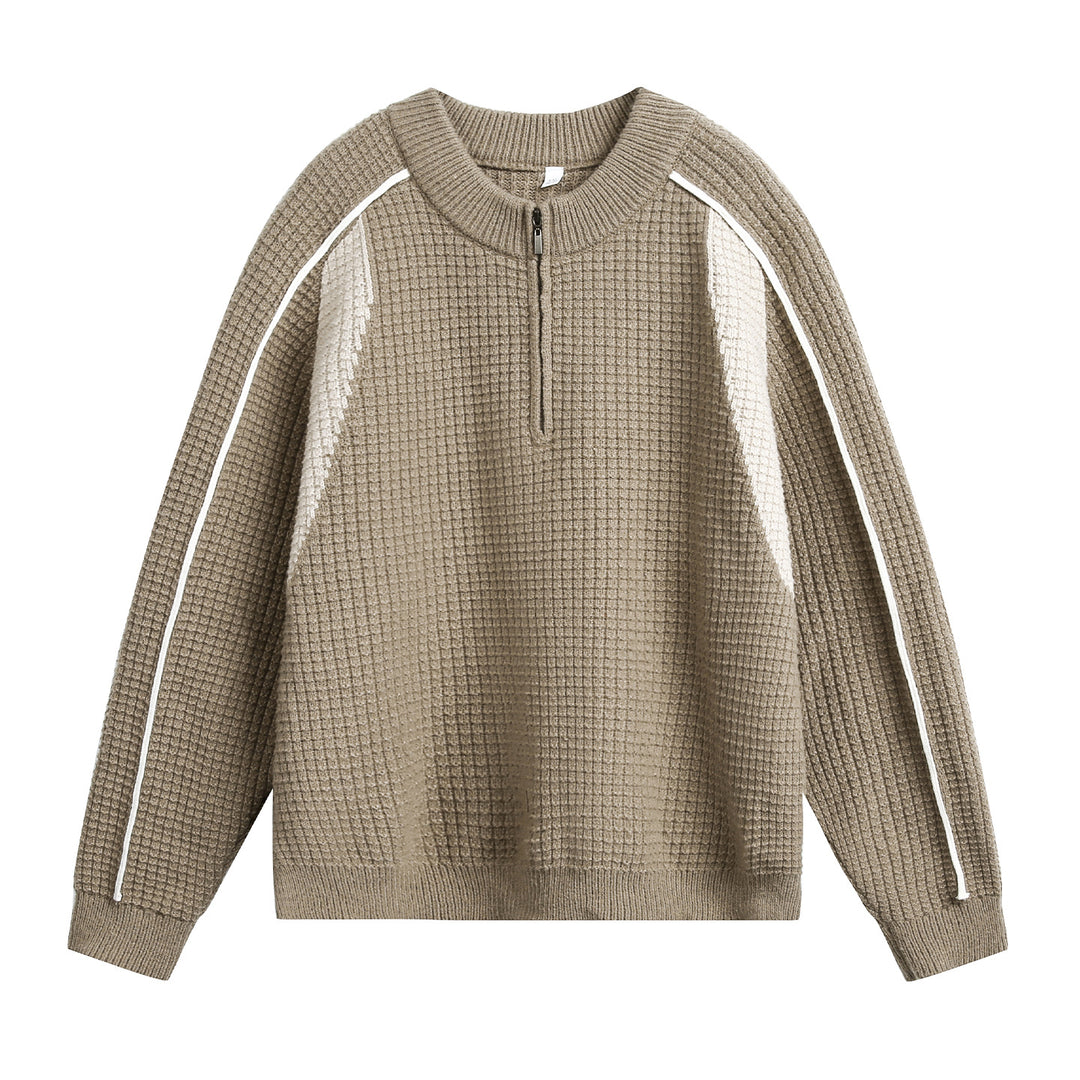 Men's Chunky Knit Waffle Sweater with Half Zip and Contrast Yoke Mune Fashion