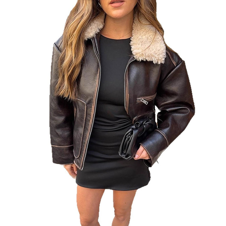 Women Short Cut Leather Imitation Bomber Jacket with Voluminous Teddy Shawl Collar and Distinctive Decorative Seams Mune Fashion