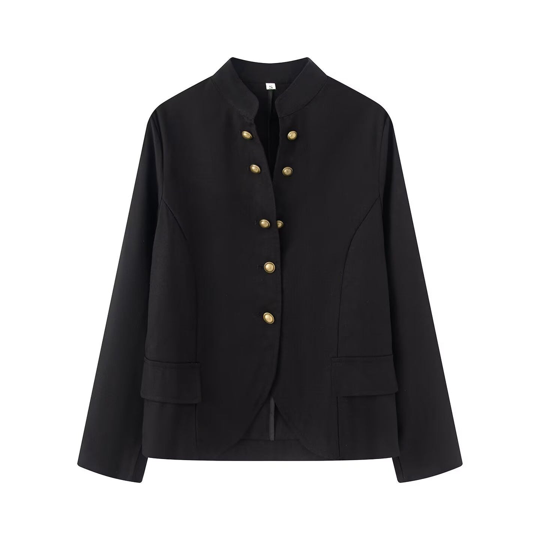 Women Elegant Short Jacket with Standing Collar, Decorative Toggle Buttons and Flap Pockets Drune