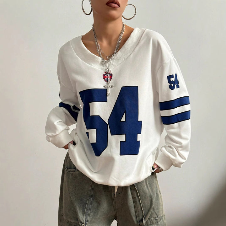 Women's Loose College Sweatshirt in Off-Shoulder Look with Large Number Print Mune Fashion