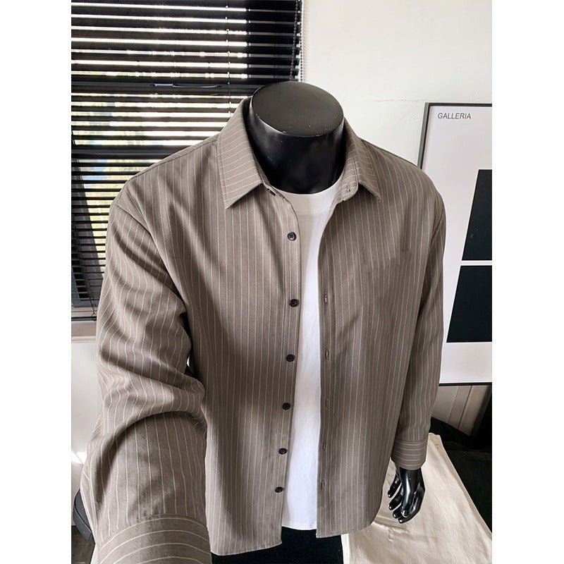 Men's Loose Pinstripe Shirt with Kent Collar, Overshirt Cut and Continuous Button Placket Mune Fashion
