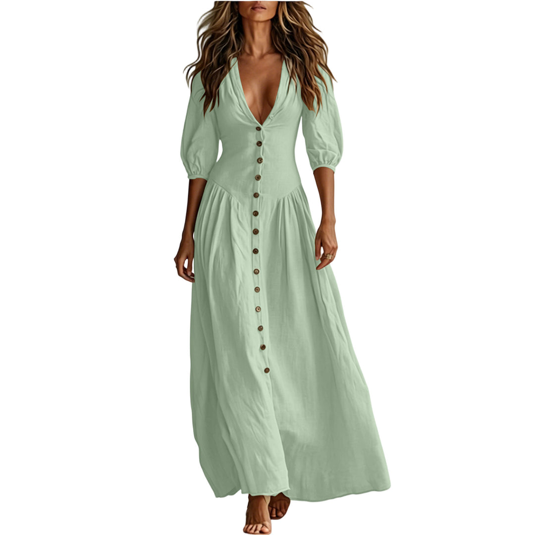 Ladies max dress with deep V-neck, button placket and balloon sleeves Mune Fashion