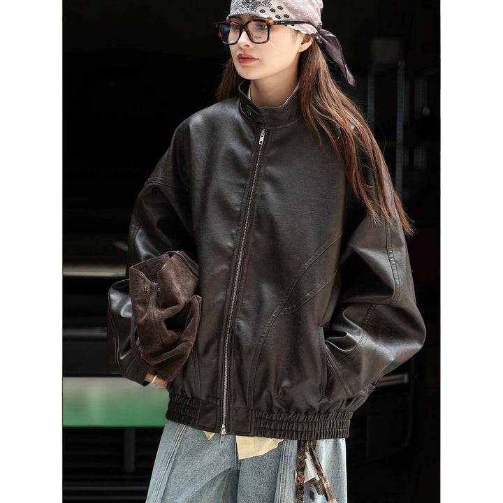 Women's Oversized Leather Bomber Jacket with Stand-up Collar, Concealed Zipper and Gathered Hem Mune Fashion
