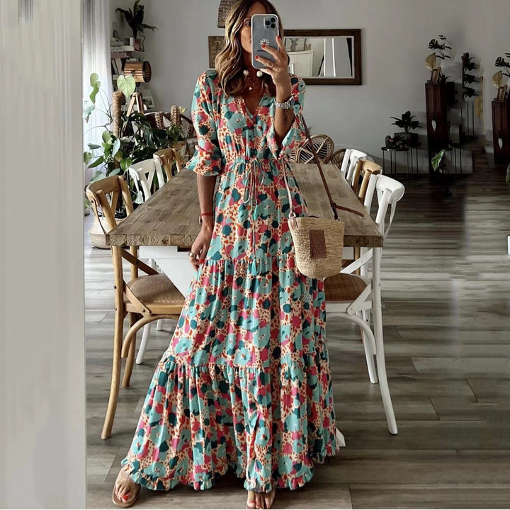 Women’s maxi dress with floral print, V-neck, tiered ruffle and drawstring waist Mune Fashion