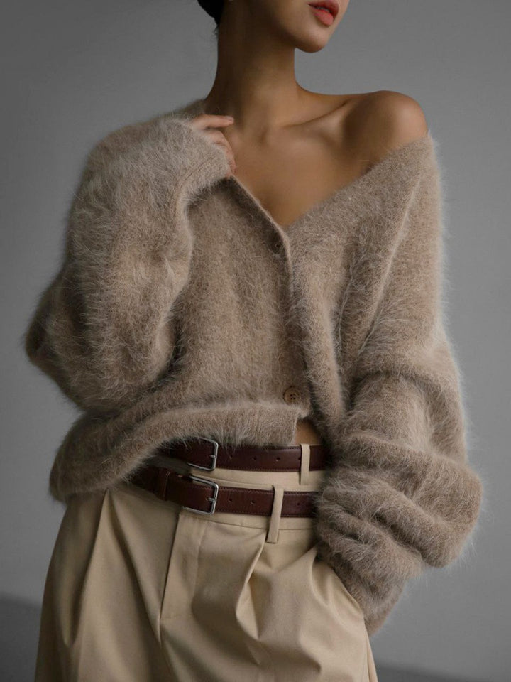 Women Fluffy Mohair-Optic Cardigan with V-Neck and Oversize Cut Mune Fashion