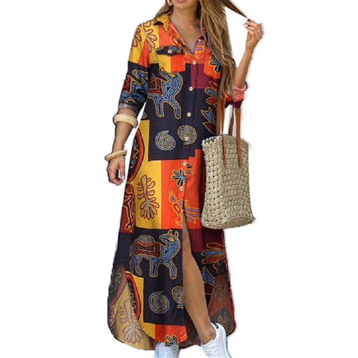 Ladies long shirt dress with floral pattern and side slit Mune Fashion