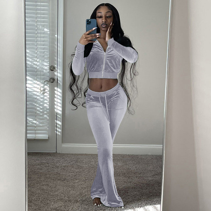 Women's Two-Piece Velvet Lounge Set with Cropped Zipper Hoodie and Flared Palazzo Pants EB