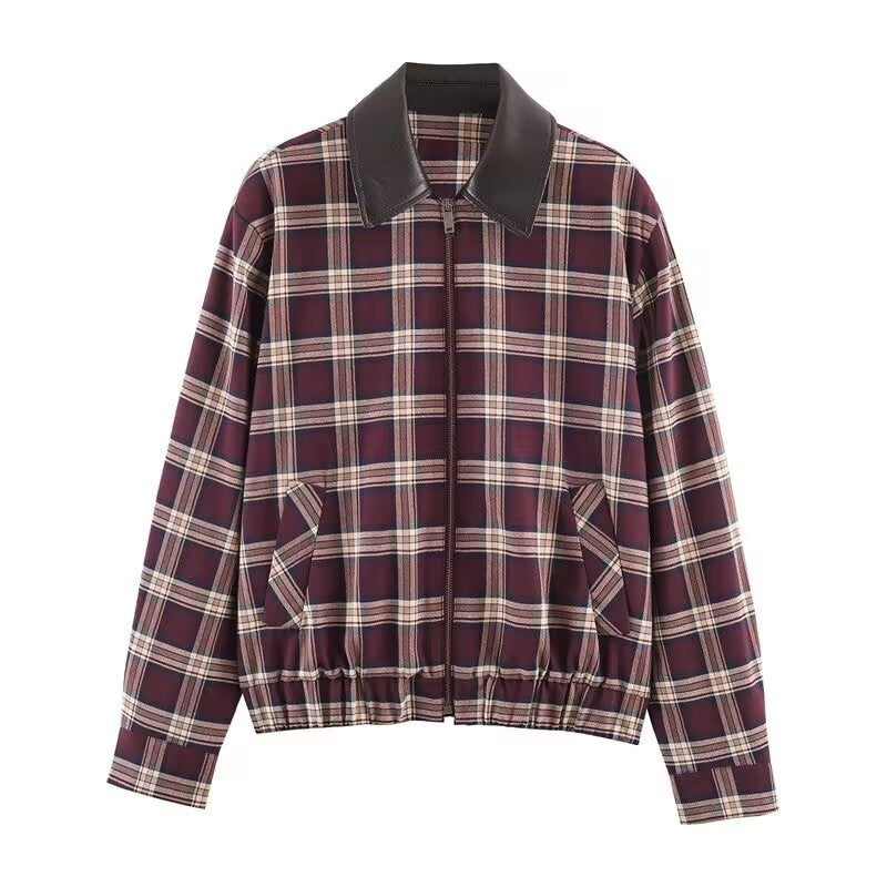 Women's Checked Blouson Jacket with Contrasting Leather Collar and Elastic Hem Mune Fashion