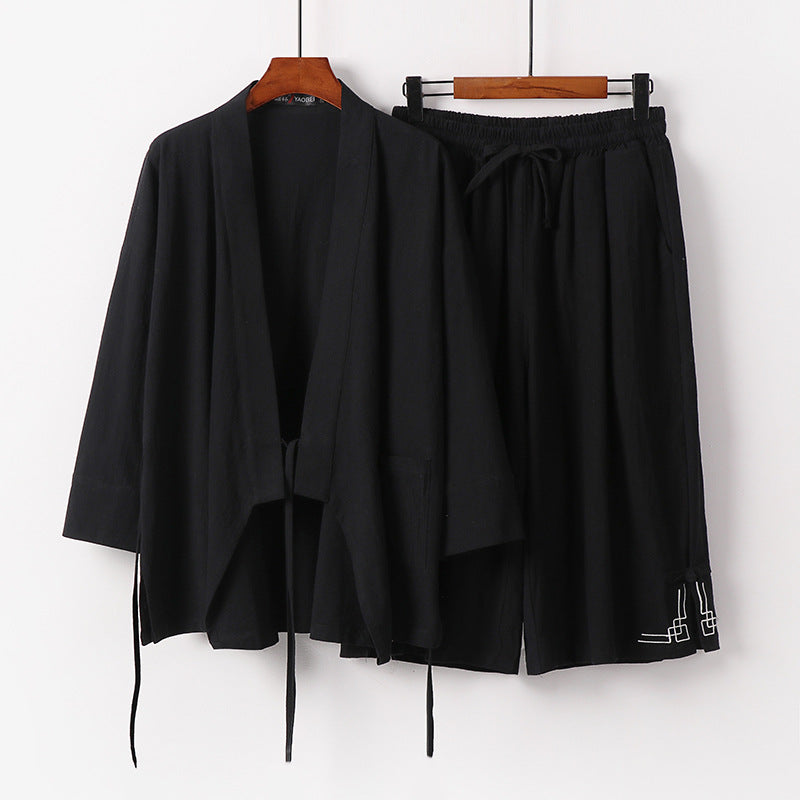 Women's Zen-Kimono-Lounge-Set made of breathable cotton blend with tie waist jacket and wide culotte pants Mune Fashion