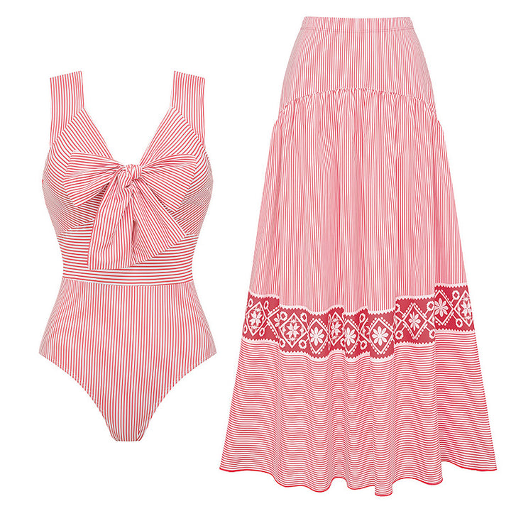 Women's Striped Bikini Set with Elegant Wrap Blouse and Fashionable Skirt Mune Fashion