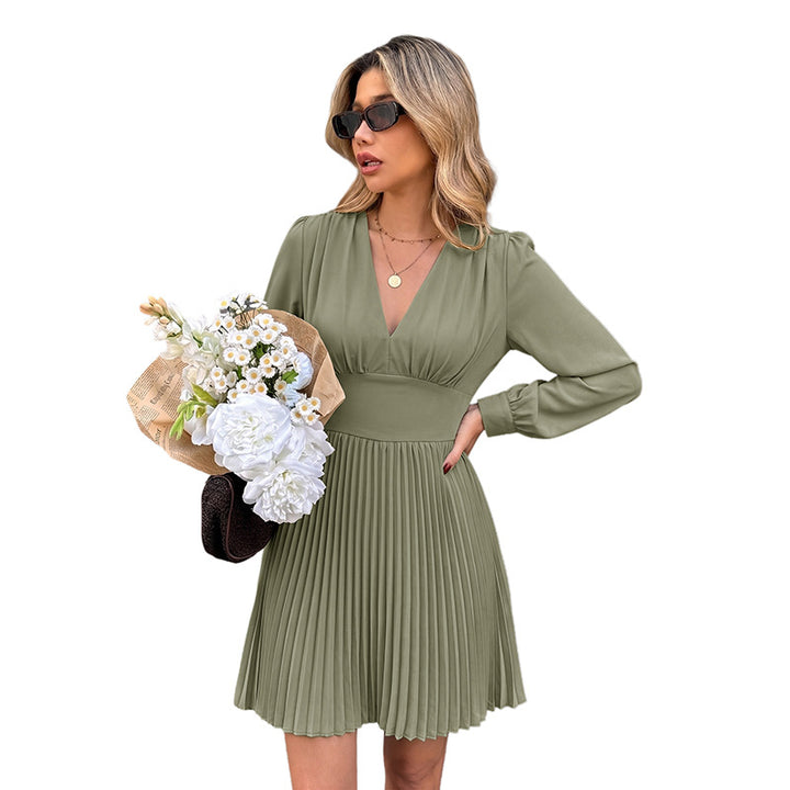 Women's pleated mini dress with fitted corset insert, V-neck and long sleeves Mune Fashion