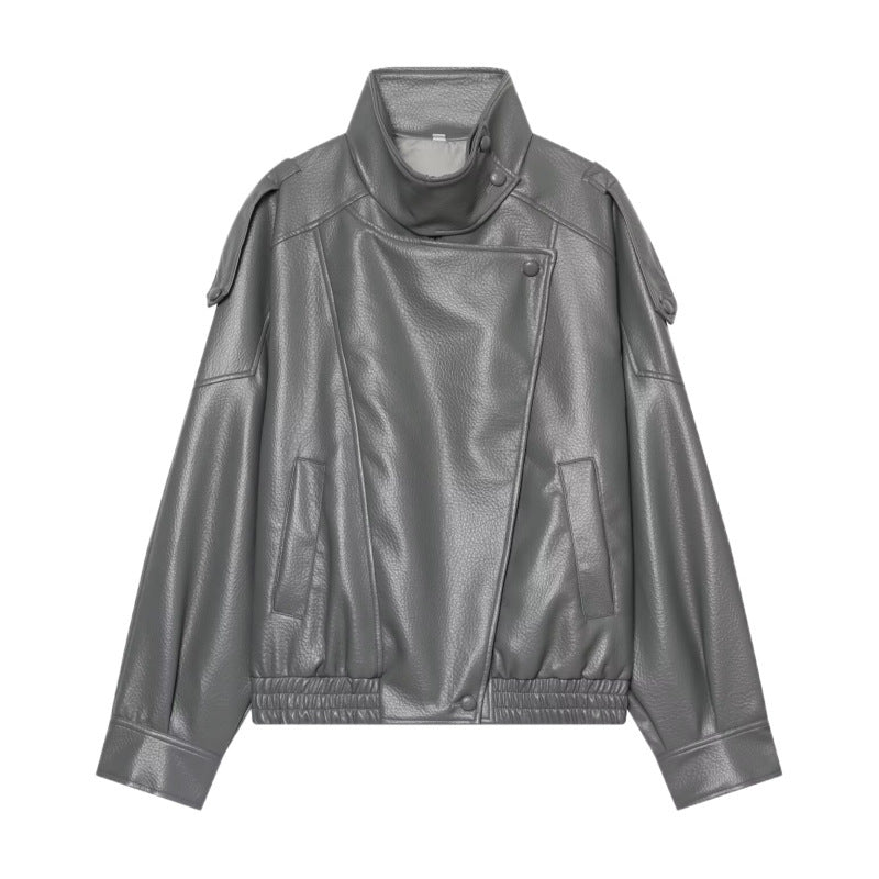 Women Faux Leather Bomber Jacket with High Stand Collar, Asymmetrical Closure and Elastic Hem Mune Fashion