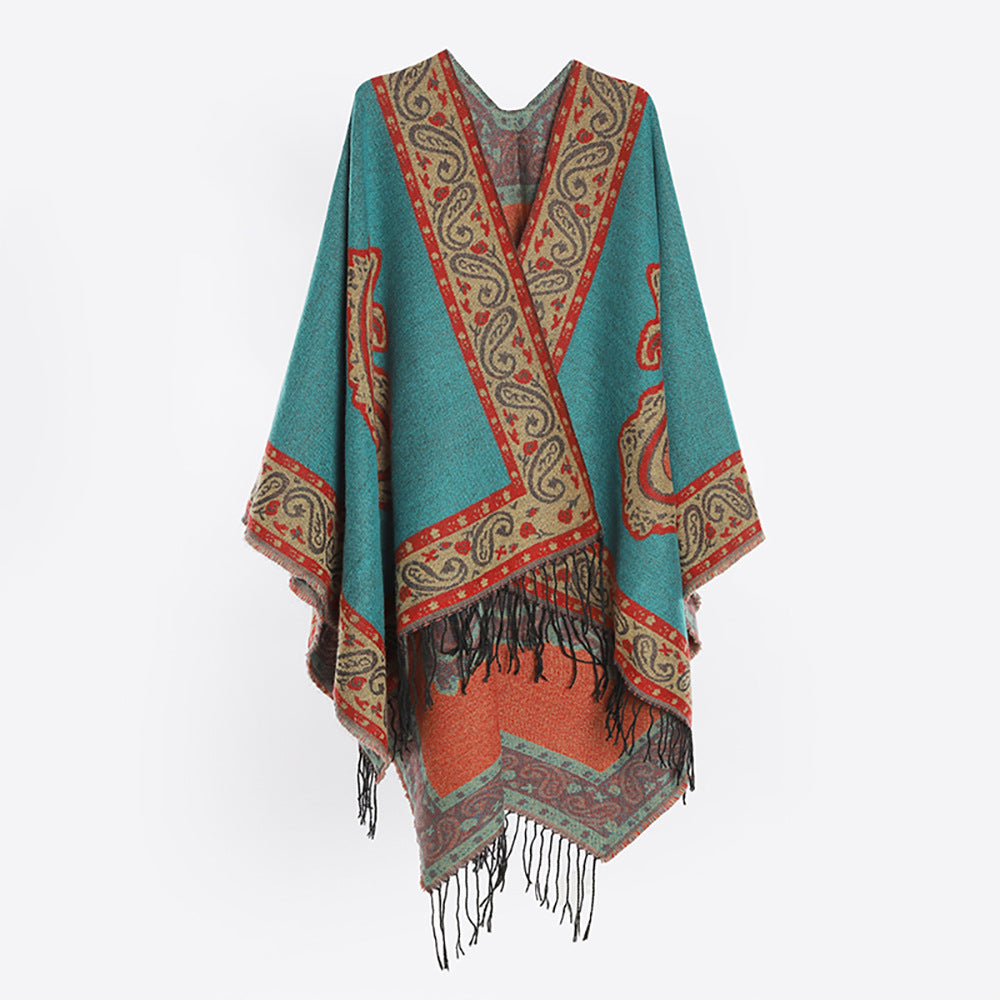Women Soft Paisley-Jacquard Ruana Wrap with V-Neck and Fringes Mune Fashion
