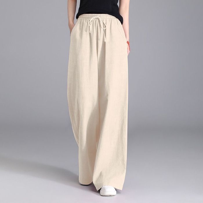 Women's wide Palazzo linen pants with elastic drawstring waistband and side pockets Mune Fashion