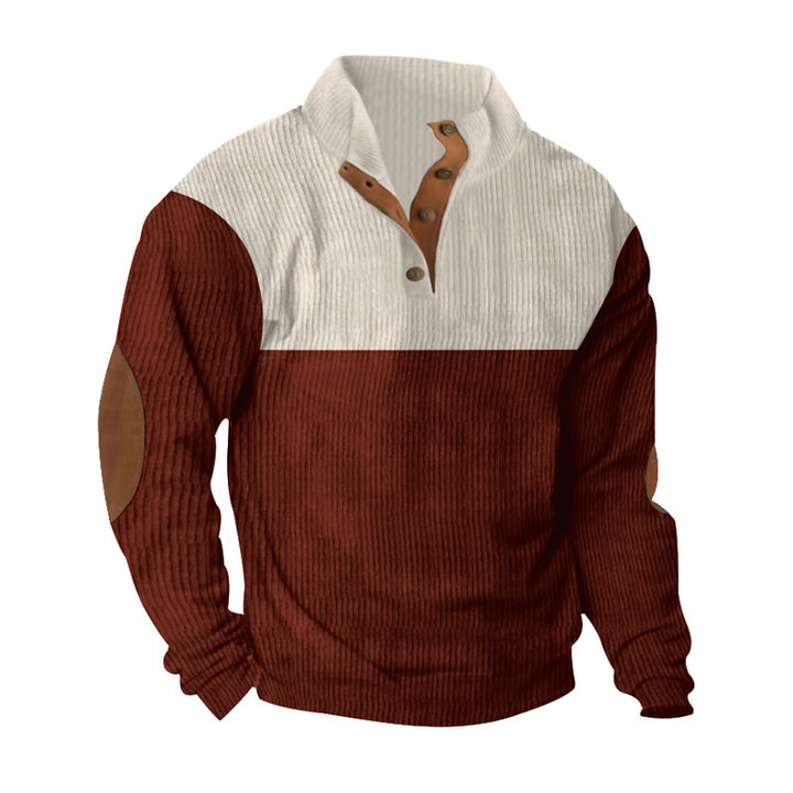 Men's ribbed pullover with stand-up collar, button placket, and elbow patches Mune Fashion