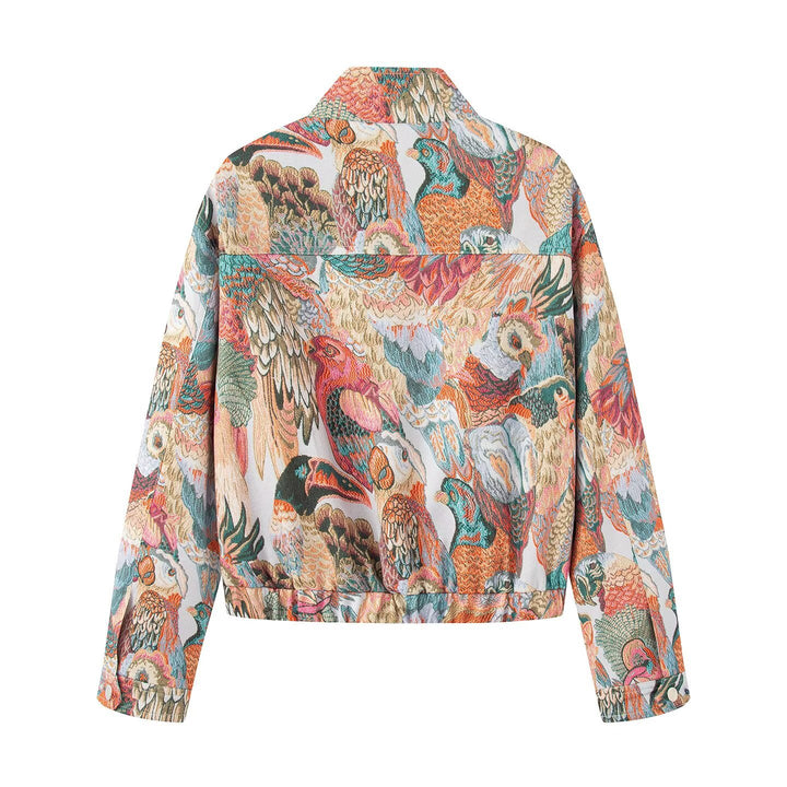 Ladies embroidered bomber jacket with bird motifs and patched pockets Mune Fashion