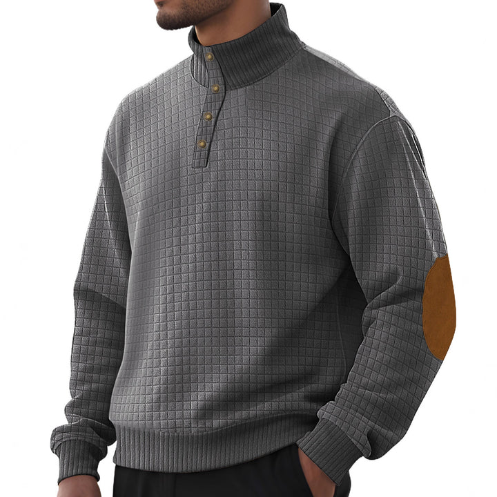 Men's plaid quilted sweatshirt with Henley placket, high stand-up collar, and velour elbow patches Mune Fashion