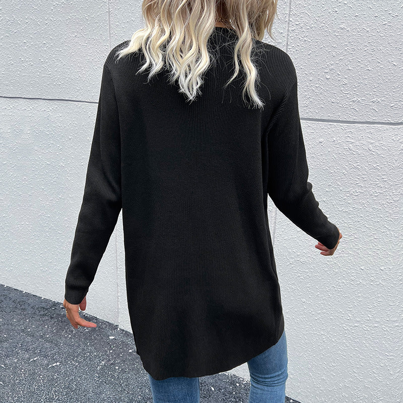 Women's Long Ribbed Cardigan with Button Placket and V-Neck Mune Fashion