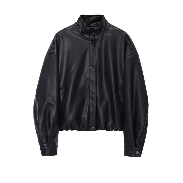 Women's short cut oversized bomber in biker style made of vegan leather look with stand-up collar Mune Fashion