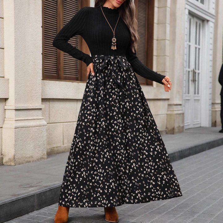 Women's two-piece set consisting of fine knit roll-neck top and patterned midaxi skirt with tie belt Mune Fashion