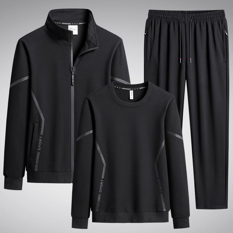 Men's Three-Piece Performance Training Set with Stand Collar Zip Jacket, Round Neck Sweater & Tapered Jogging Pants Mune Fashion