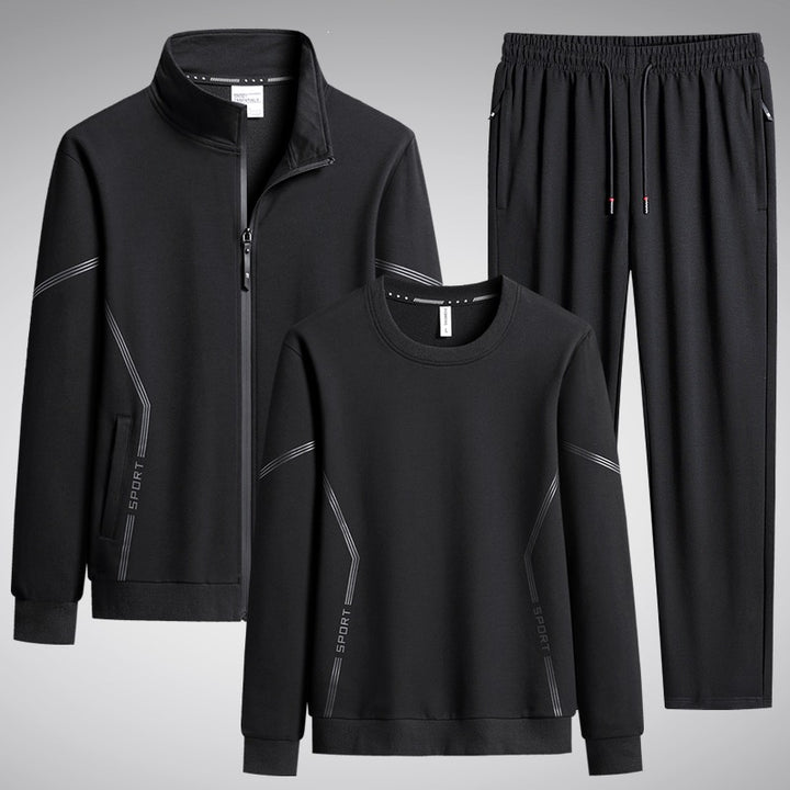 Men's Three-Piece Performance Training Set with Stand Collar Zip Jacket, Round Neck Sweater & Tapered Jogging Pants Mune Fashion
