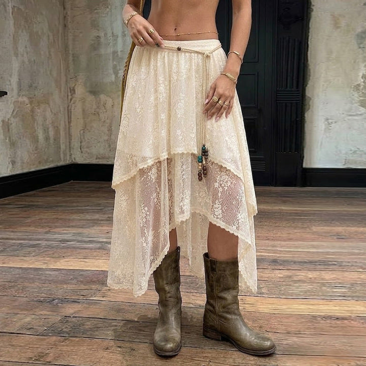 Women Multi-layered Lace Midi Skirt with Asymmetrical Hem and Elastic Waistband Mune Fashion