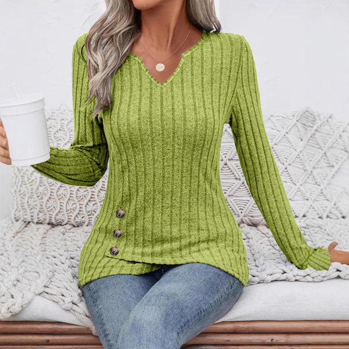 Women's Ribbed Long Sleeve Tunic with V-Neck and Side Decorative Buttons Mune Fashion