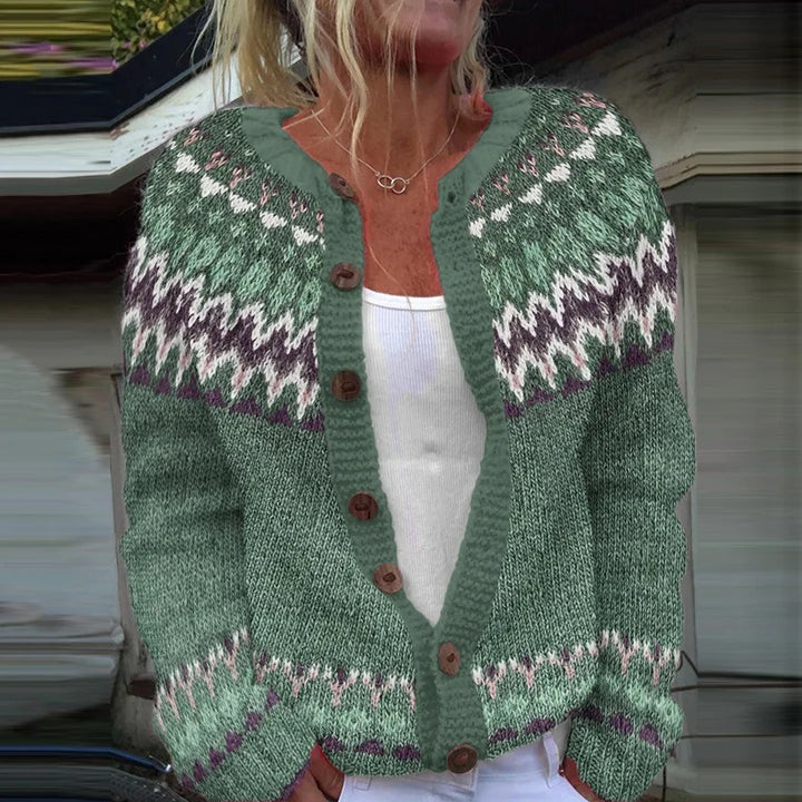 Women's patterned cardigan with round yoke, wooden buttons, and welt pockets Mune Fashion