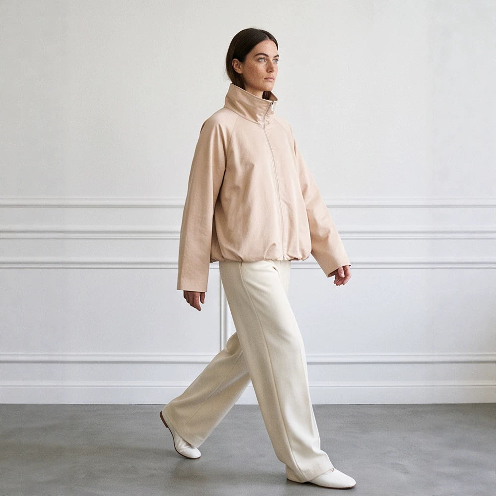 Women's light transitional jacket with high stand-up collar, raglan sleeves, and ballooned hem Mune Fashion