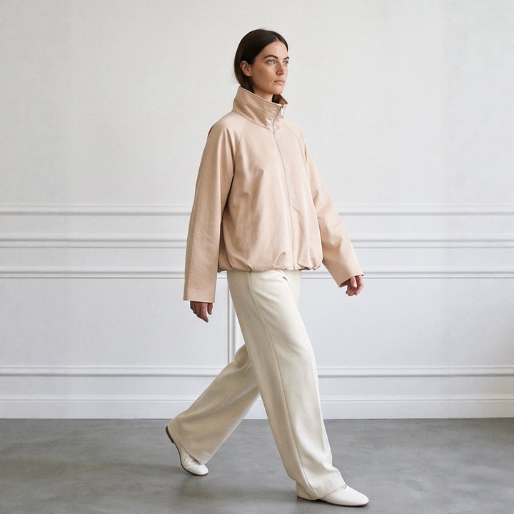 Women's light transitional jacket with high stand-up collar, raglan sleeves, and ballooned hem Mune Fashion
