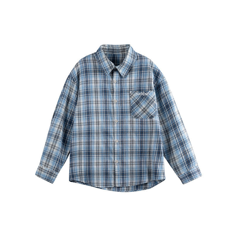 Women's Loose Checkered Shirt Blouse in Boxy Relaxed Fit with Patch Chest Pocket and Fine Embroidery Mune Fashion