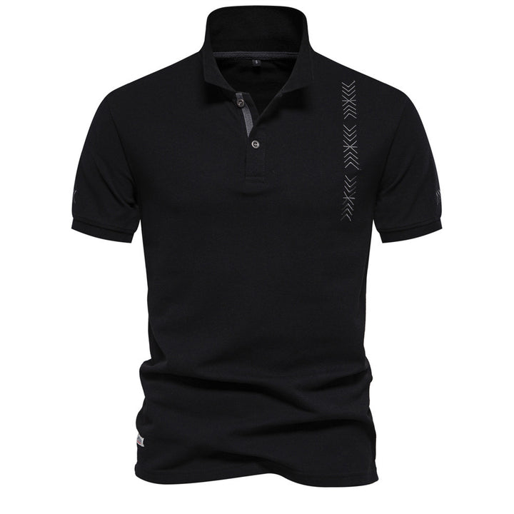 Men's nan casual polo with short button placket, embroidered arrow motif panel, and stand-up collar Mune Fashion