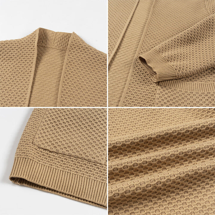 Men's cardigan with open waffle knit and shawl collar, patch pockets, and ribbed cuffs Mune Fashion