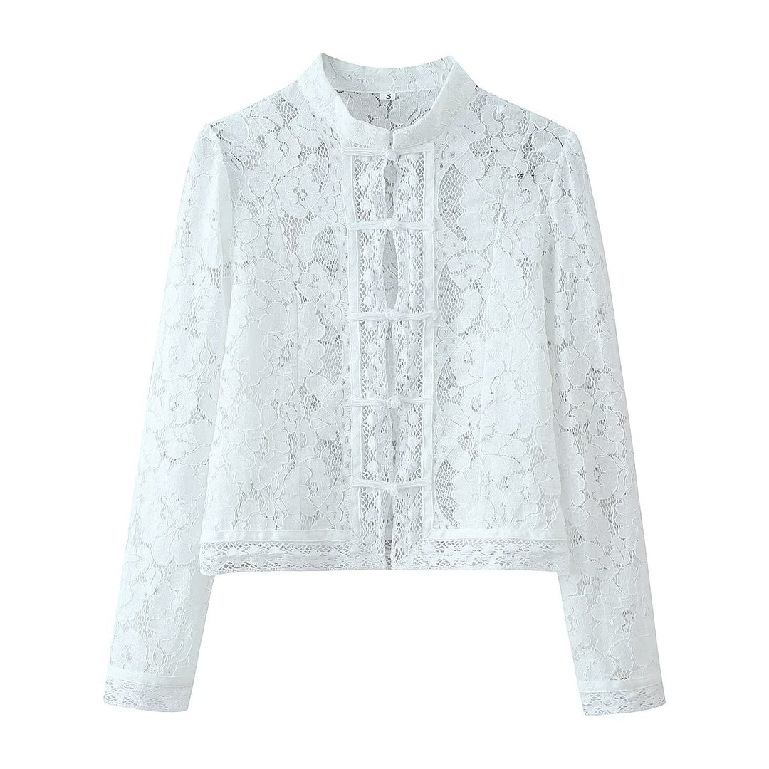 Women's Lace Jacket with Stand Collar, Chinese Knot and Transparent Floral Design Mune Fashion