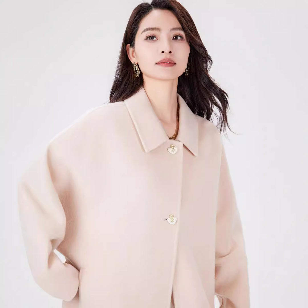 Women's Oversize Wool Cocoon Coat with Decorative Heart Buttons Mune Fashion