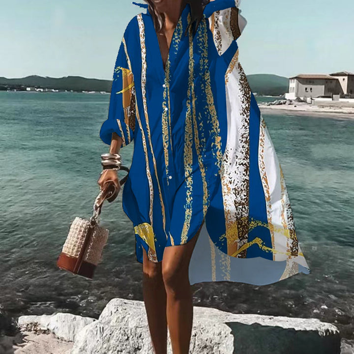 Women's airy beach dress kaftan with tropical leaf print and wide cut Mune Fashion