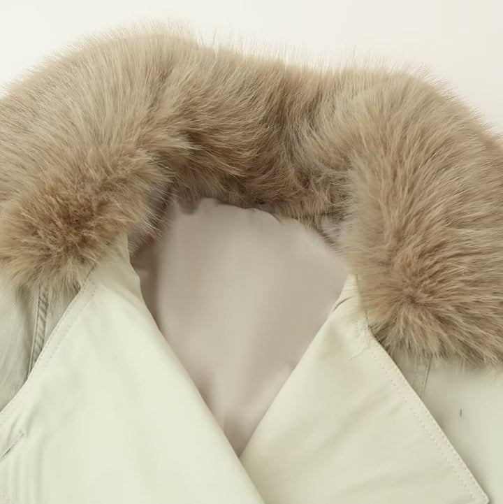 Women's double-breasted blouson with removable faux fur collar, waist drawstring and adjustable cuffs Mune Fashion
