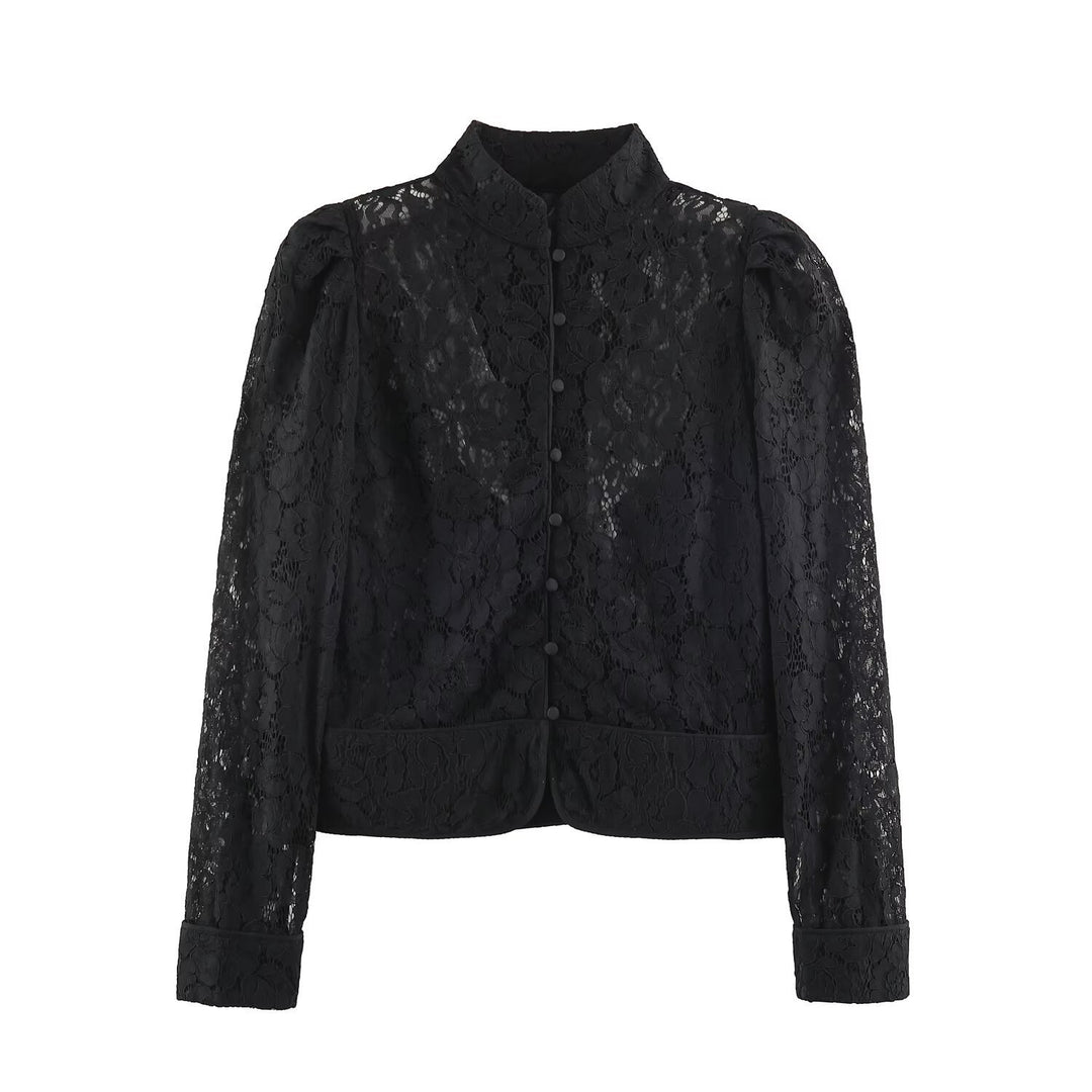 Ladies short-cut transparent lace blouse with stand-up collar, fabric button placket and gathered puff sleeves Mune Fashion