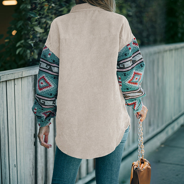 Women's cord shirt jacket with patterned knitted sleeves and patch chest pocket Mune Fashion