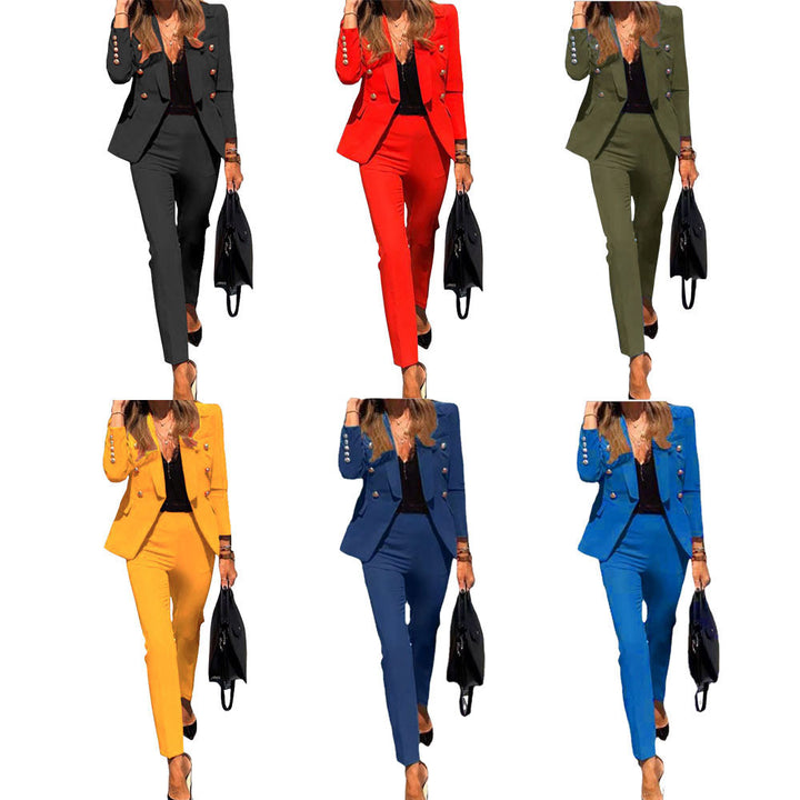 Women's tailored pantsuit with double-breasted button blazer and slim trousers Mune Fashion