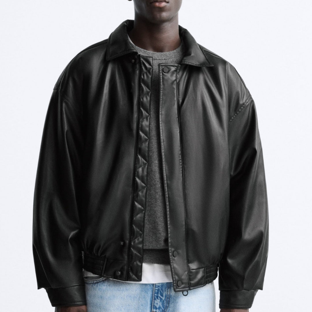 Men's Oversized Faux Leather Blouson with Shirt Collar and Elastic Hem Mune Fashion